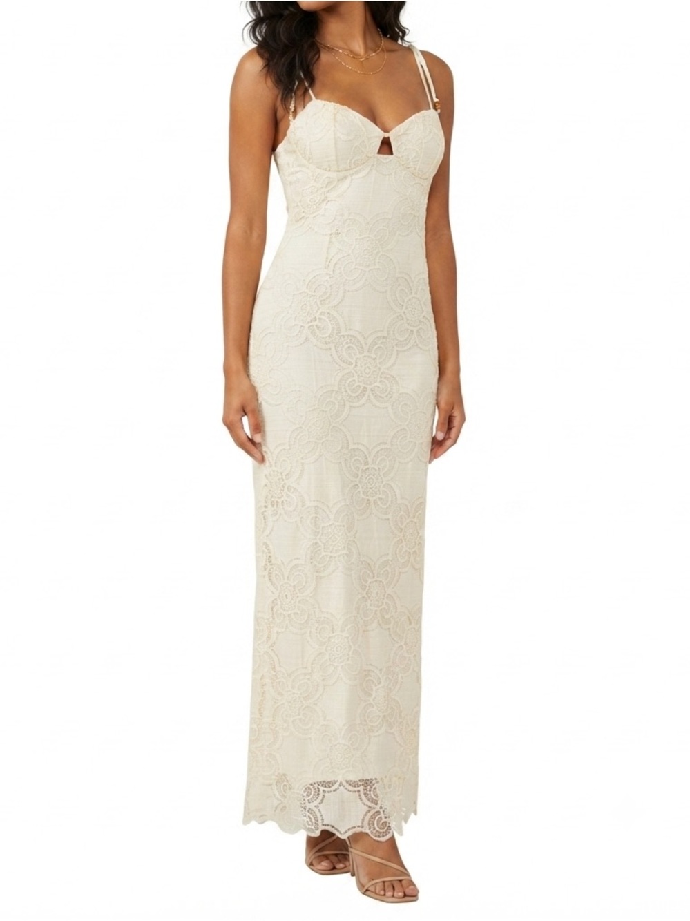 Parker Cream Lace Spaghetti Strap Maxi Dress Beaded Tie Details Size 6